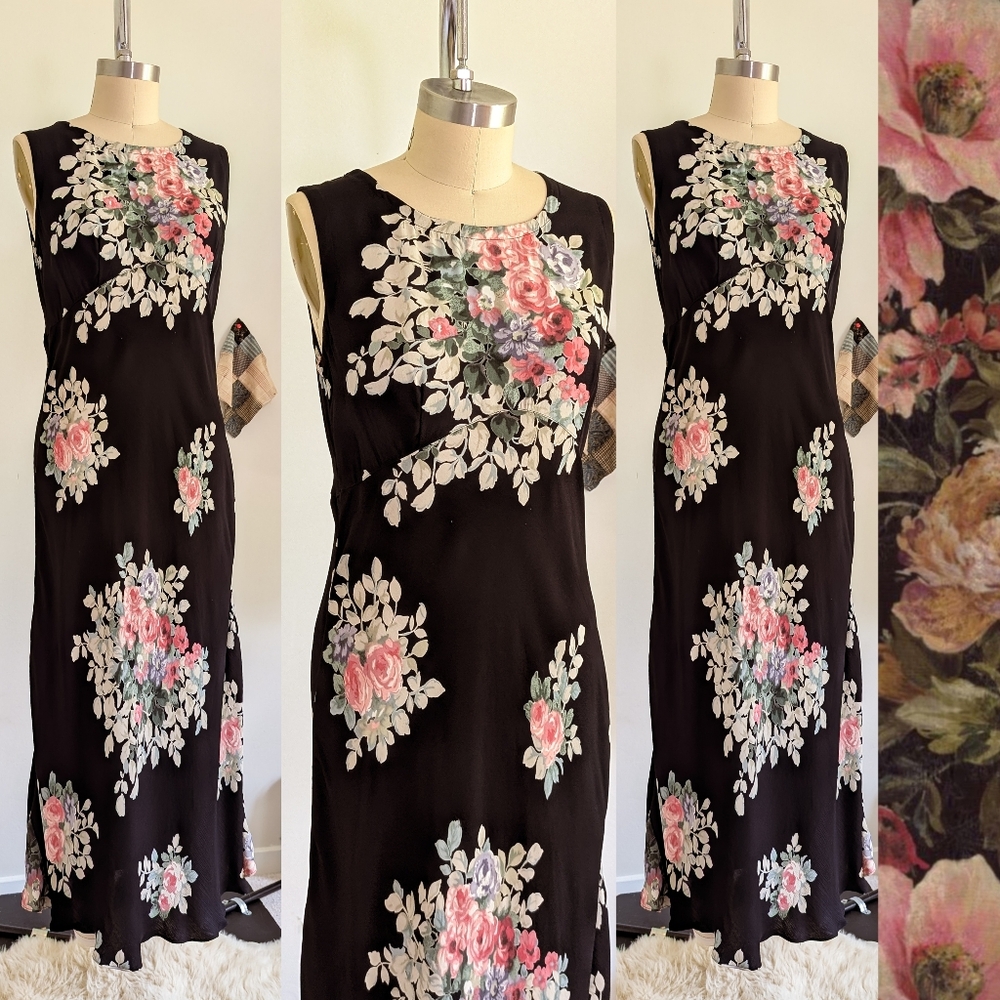 90s Black Floral Bias Cut Empire Maxi Length Feminine Vintage Botanical Dress